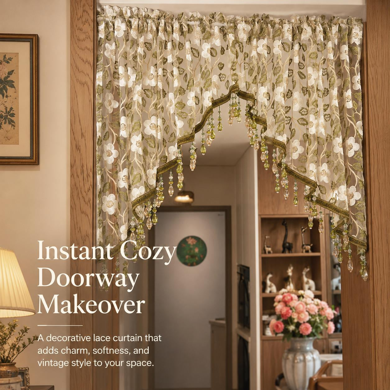 💖 Add a Touch of French Romance — Vintage Floral Lace Door Curtain & Beaded Sheer Panel ✨🌷