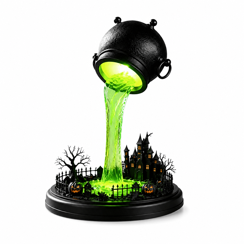 🧙♀️Spilling Green Witch Cauldron Desk Lamp | Floating Magic Potion Ambient Light with Miniature Gothic Castle & Glowing Pumpkins (10")