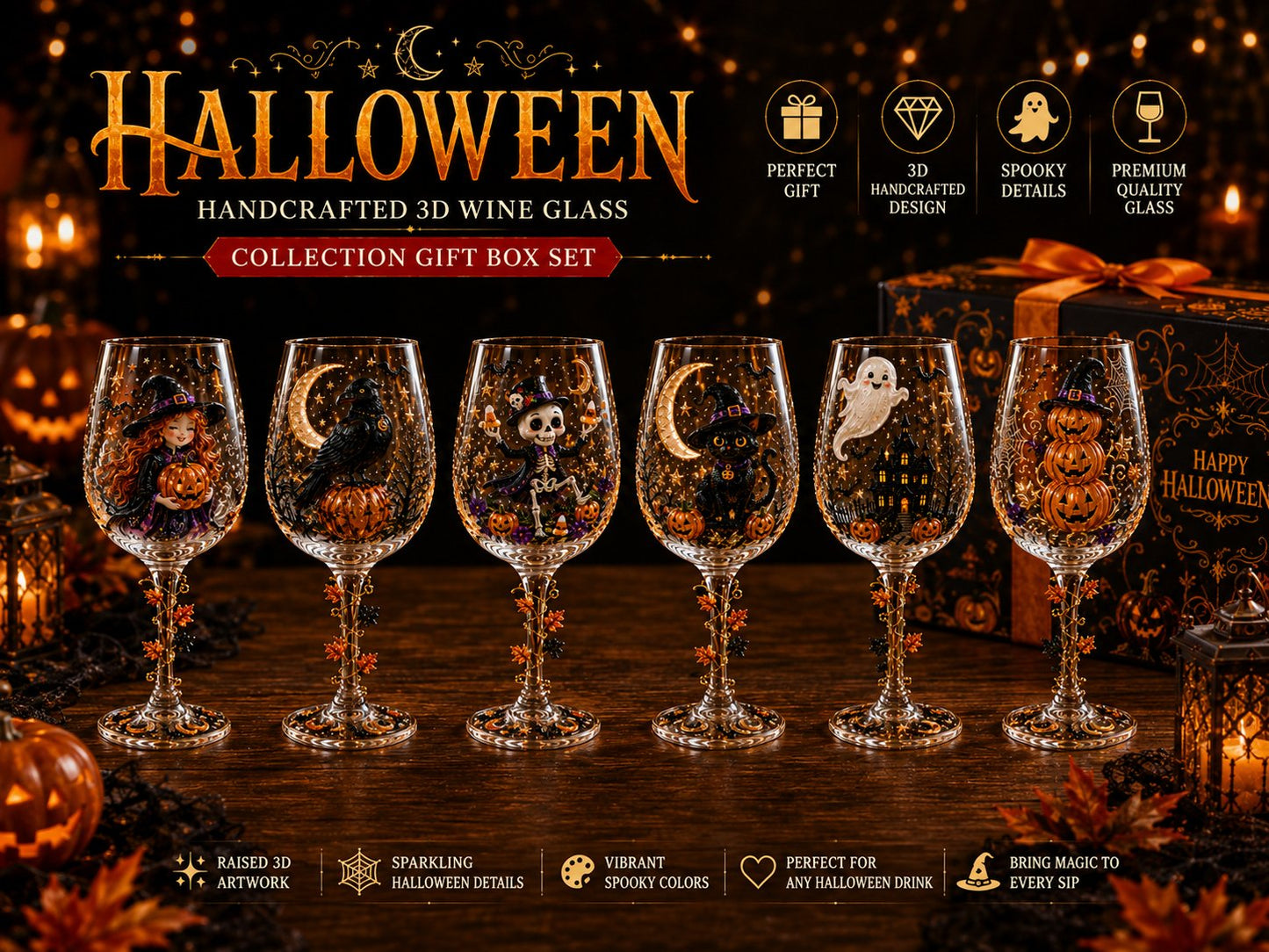 ๐ฅLAST DAY 50% OFF - ๐ Halloween 3D Wine Glass Collection Gift Box Set โ 6 Spooky Collectible Designs ๐๐ท