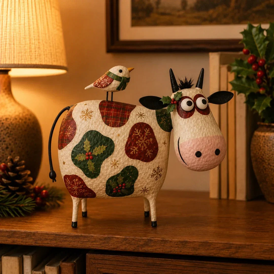 Whimsical Cow & Bird Folk Art Figurine – Rustic Farmhouse Tabletop Decor Gift