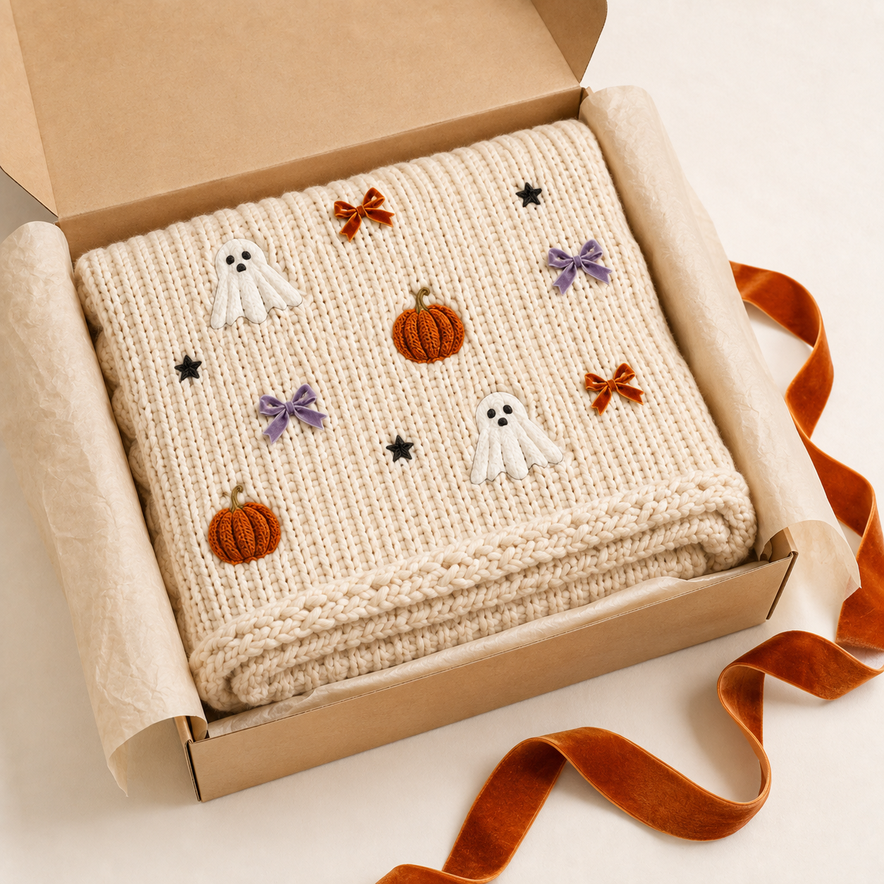 Zavrly™ Chunky Knit Halloween Ghost & Pumpkin Bow Throw Blanket
