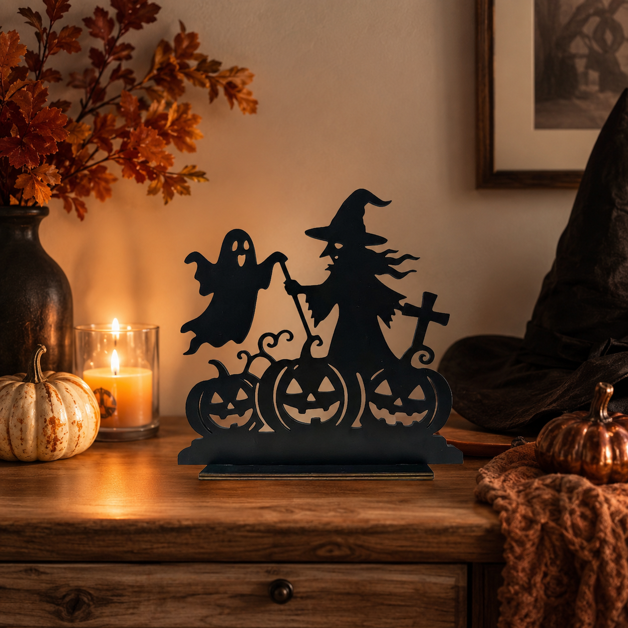🎃 Wooden Halloween Table Centerpieces - Spooky Ghost & Pumpkin Sign, Haunted House Silhouette Block Tabletop Decor for Party & Home