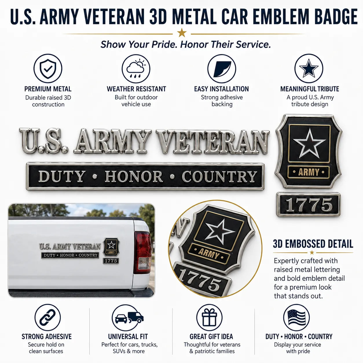U.S. Army Veteran 3D Metal Car Emblem – Duty Honor Country Badge for Trucks & SUVs