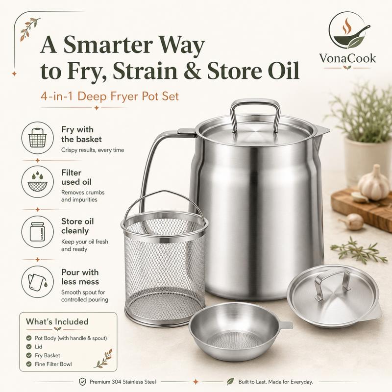 🍳304 Stainless Steel Deep Fryer Pot with Basket & Oil Strainer✨