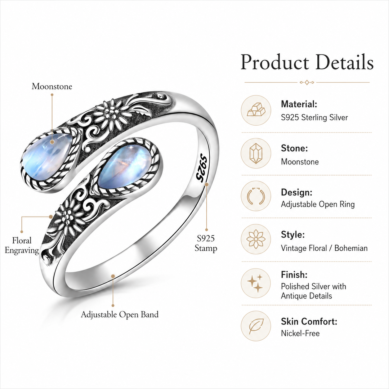 Moonstone Bloom Ring | Vintage Floral β’ Adjustable Open Band