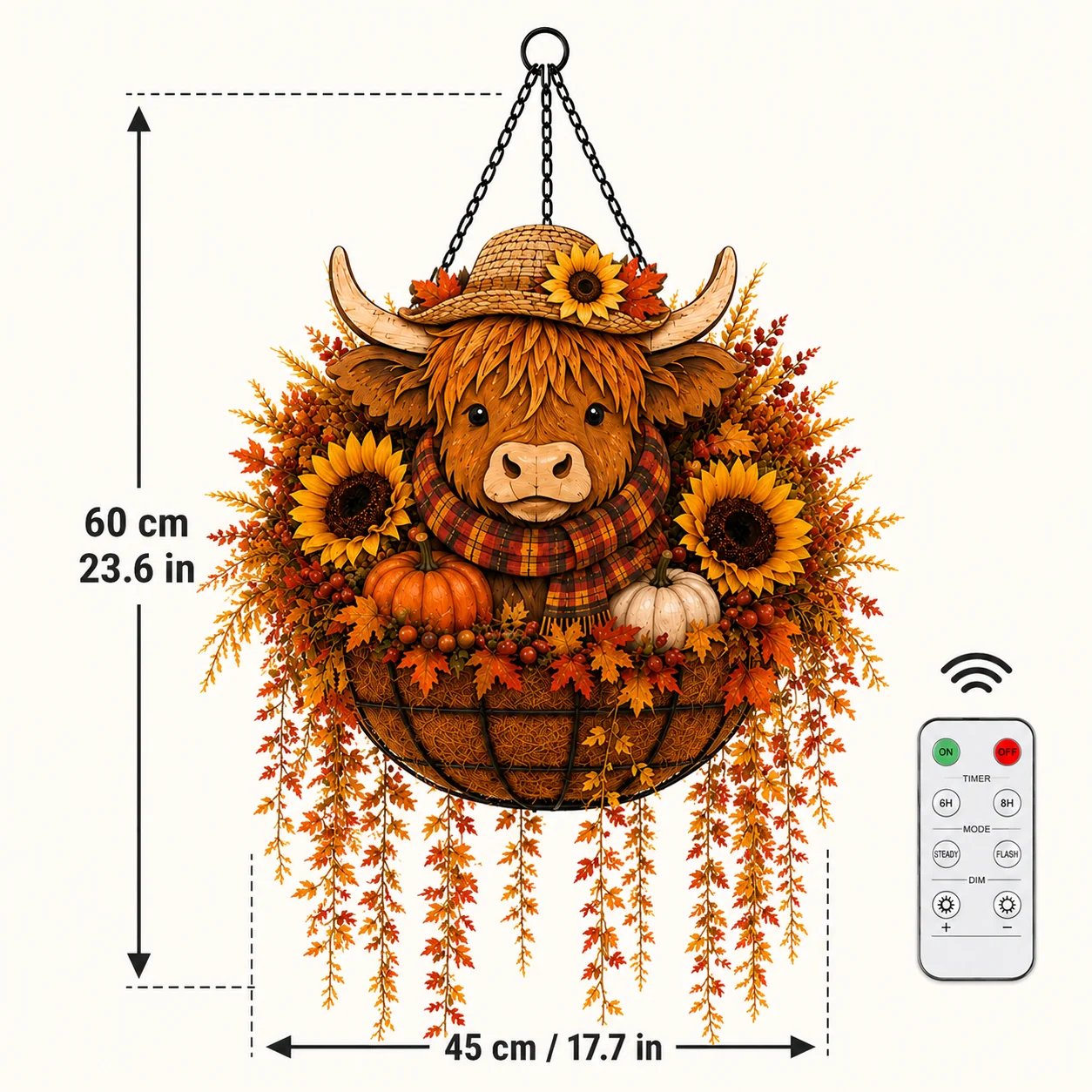 🐮🎃 Highland Cow Fall Hanging Basket with Warm LED Lights – Rustic Autumn Porch Decor & Farmhouse Welcome Accent