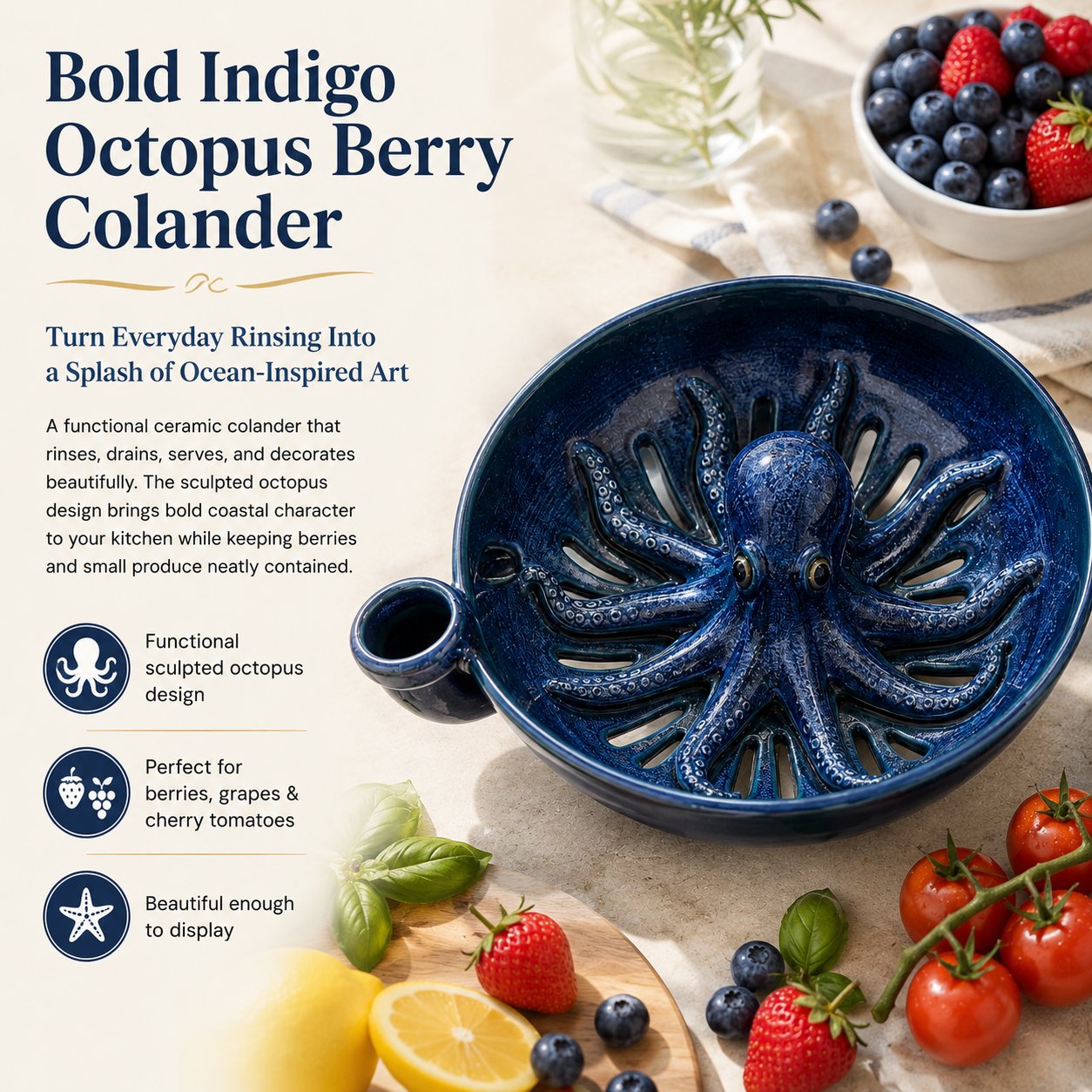 🐙🌊Bold Indigo Octopus Berry Colander