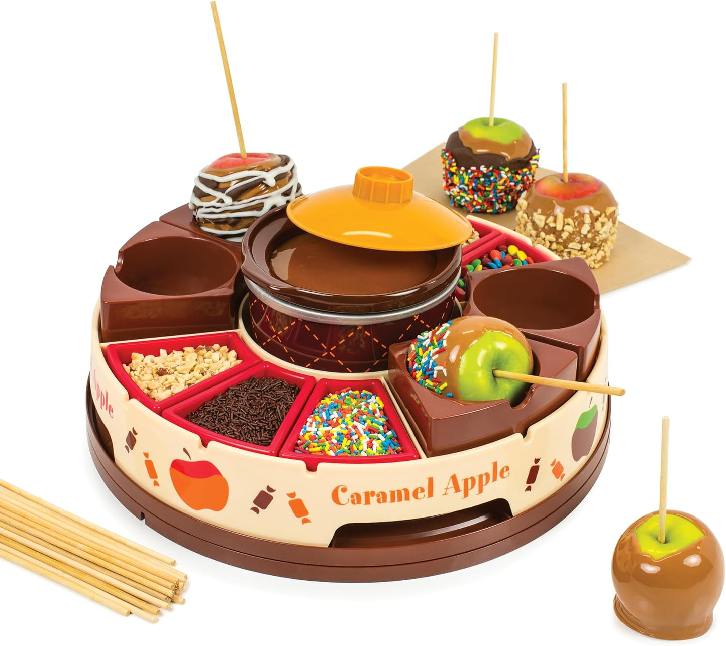 🍫Nostalgia Lazy Susan Chocolate & Caramel Apple Party with Heated Fondue Pot, 25 Sticks, Decorating and Toppings Trays