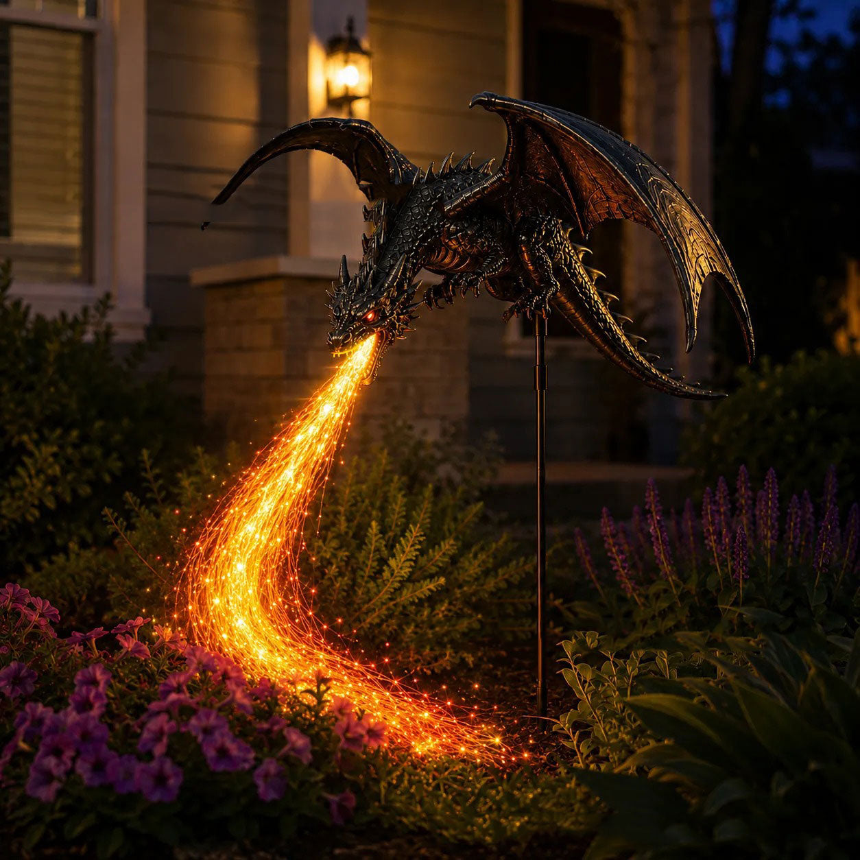 Solar powered dragon garden light charging during the day