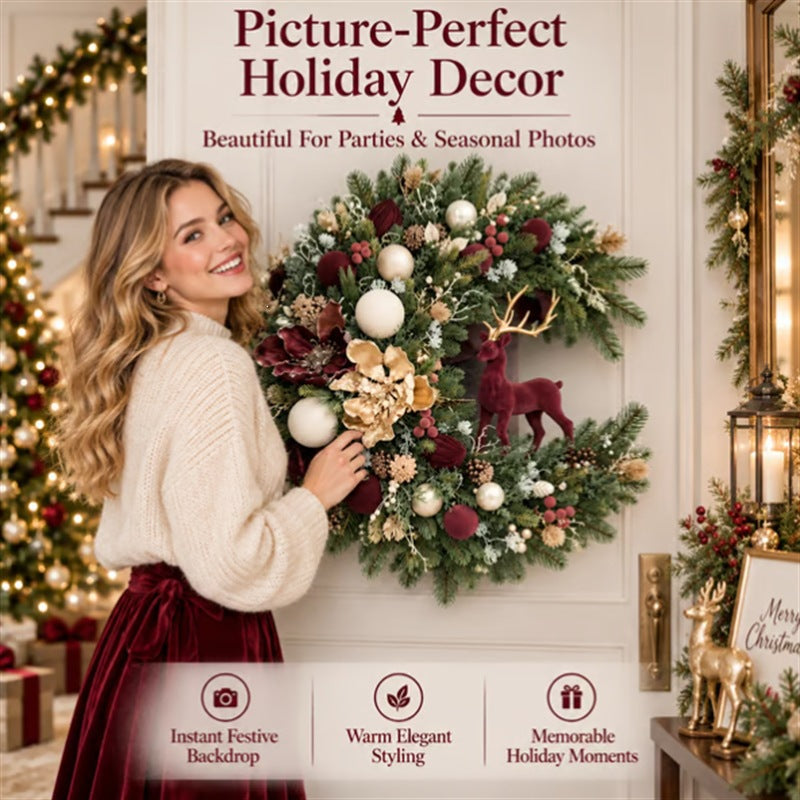 The Hearthside Velvet Reindeer & Vintage Floral Christmas Wreath