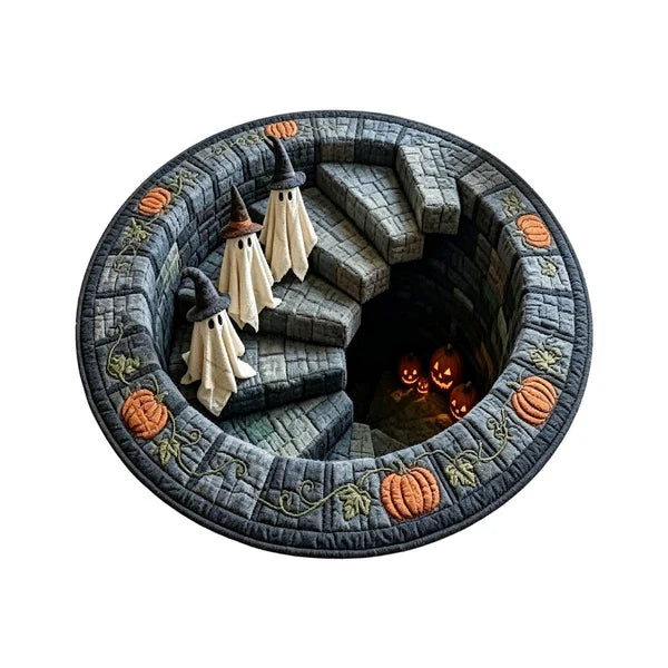 3D Haunted Staircase Round Rug - Spooky Optical Illusion Halloween Floor Carpet