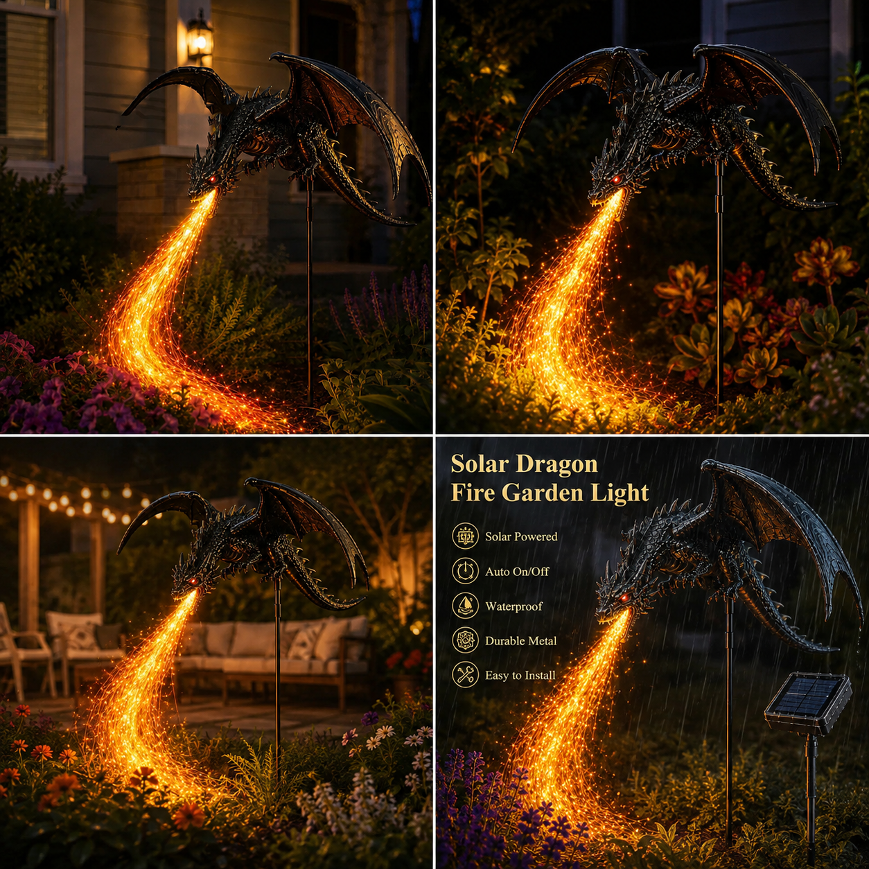 Weatherproof metal solar dragon garden light outdoors