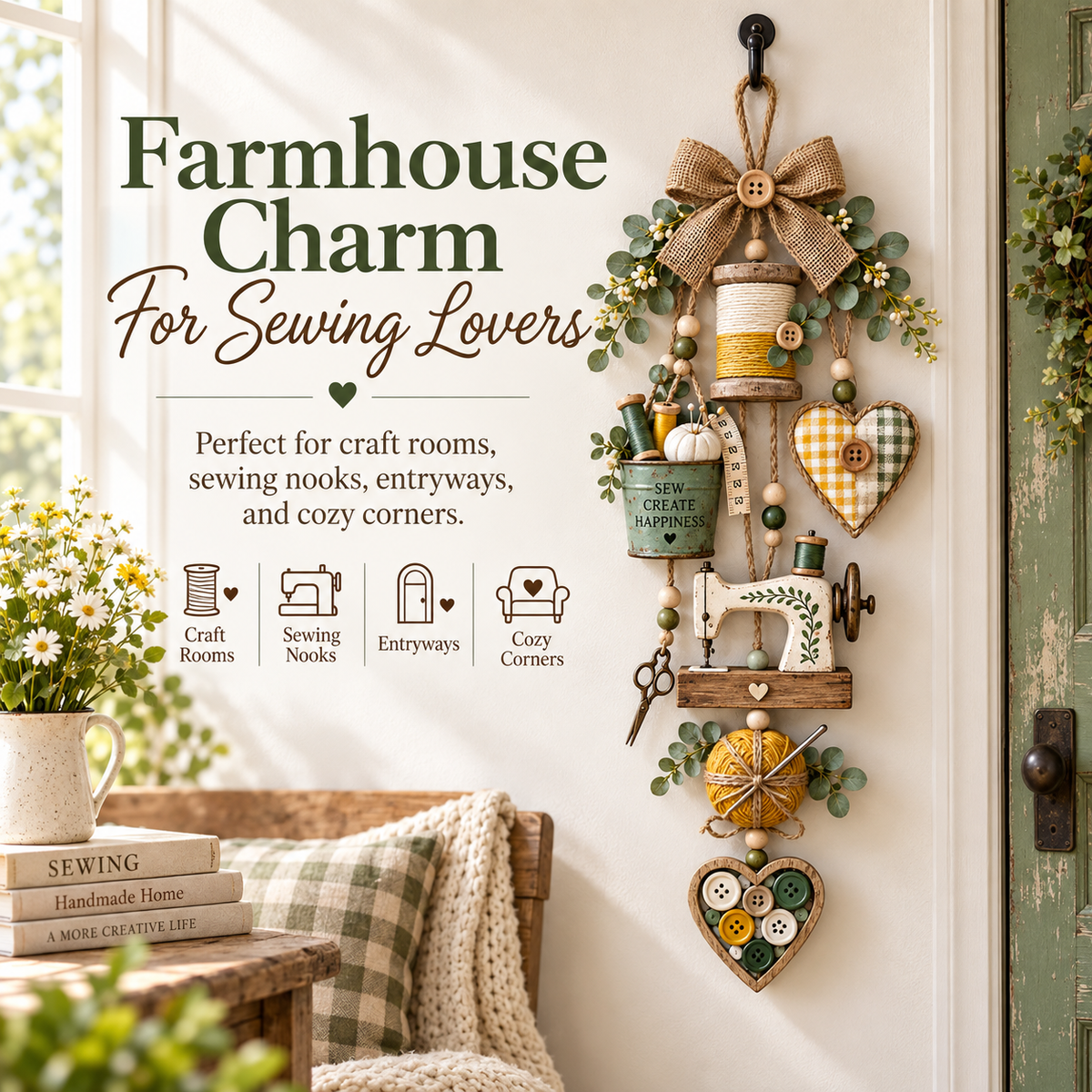 🧵✨ Lighted Sewing Room Hanging Decor – Rustic Farmhouse Craft Lover Wall Ornament
