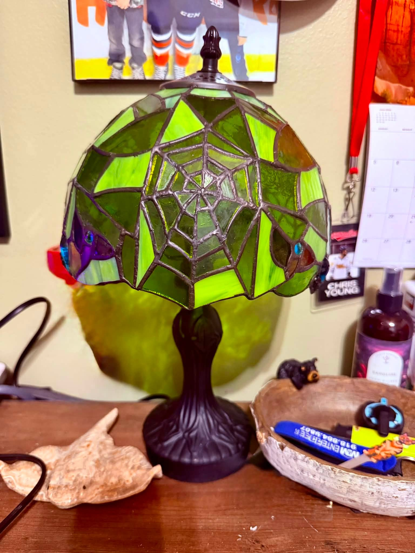 14" Stained Glass Spiderweb Table Lamp - Gothic Halloween Nightlight