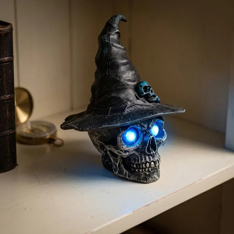 💀 Awaken the Shadows! Gothic Glowing Skull Witch Desktop Ornament 🧙♀️