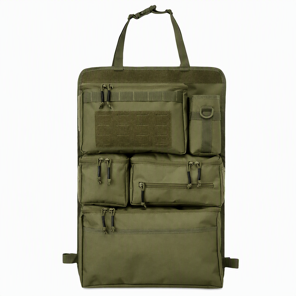 đ Tactical Car Backseat Organizer: Heavy-Duty Nylon, Webbed Loops, Buckled Straps, Universal Fit