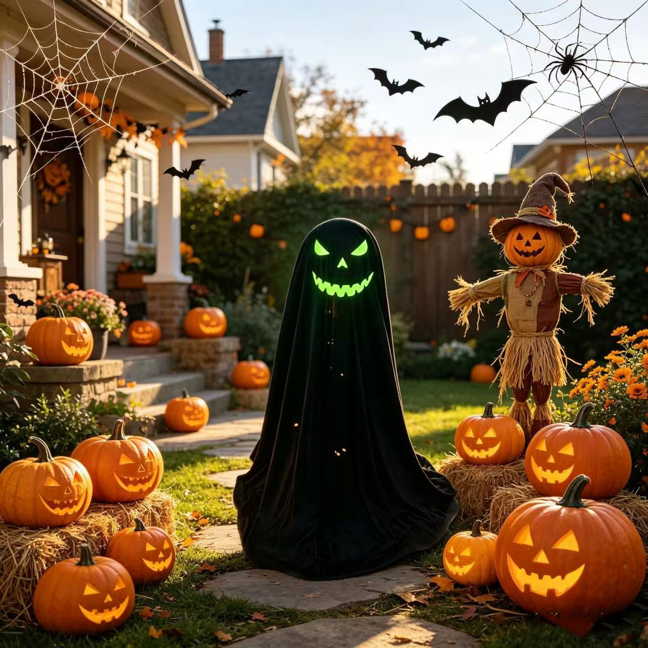 25.59" Glow-in-the-Dark Hooded Pumpkin Ghost Figurine - Freestanding Halloween Porch & Mantel Decor