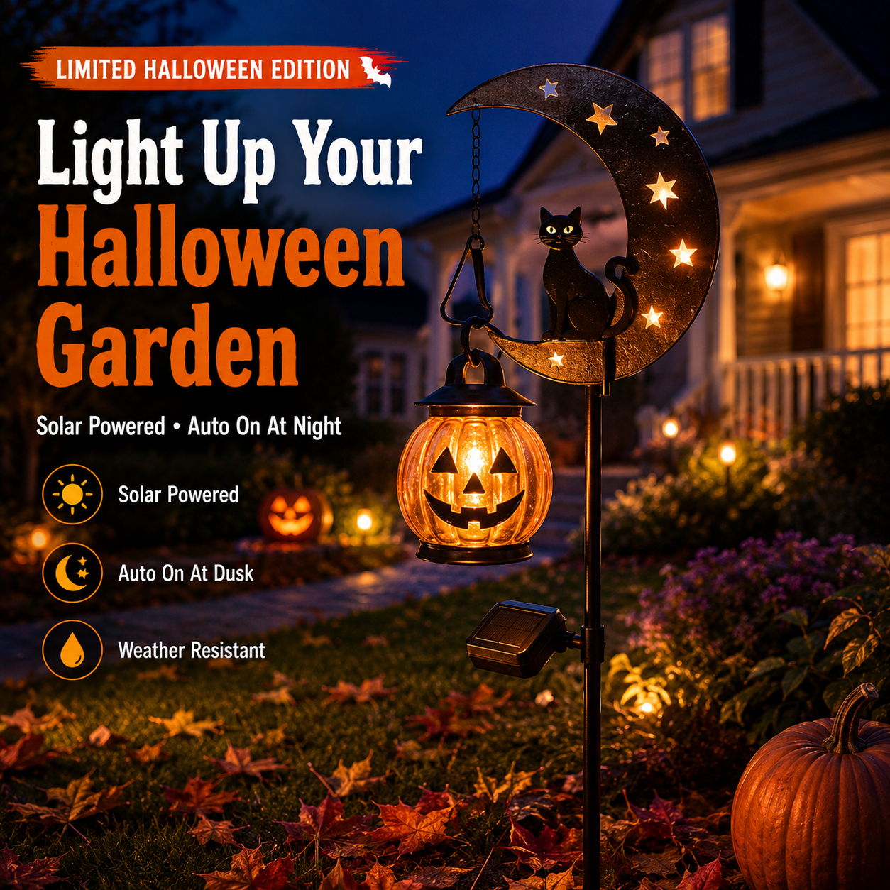🐈‍⬛ Solar Halloween Garden Stake Light with Black Cat & Pumpkin