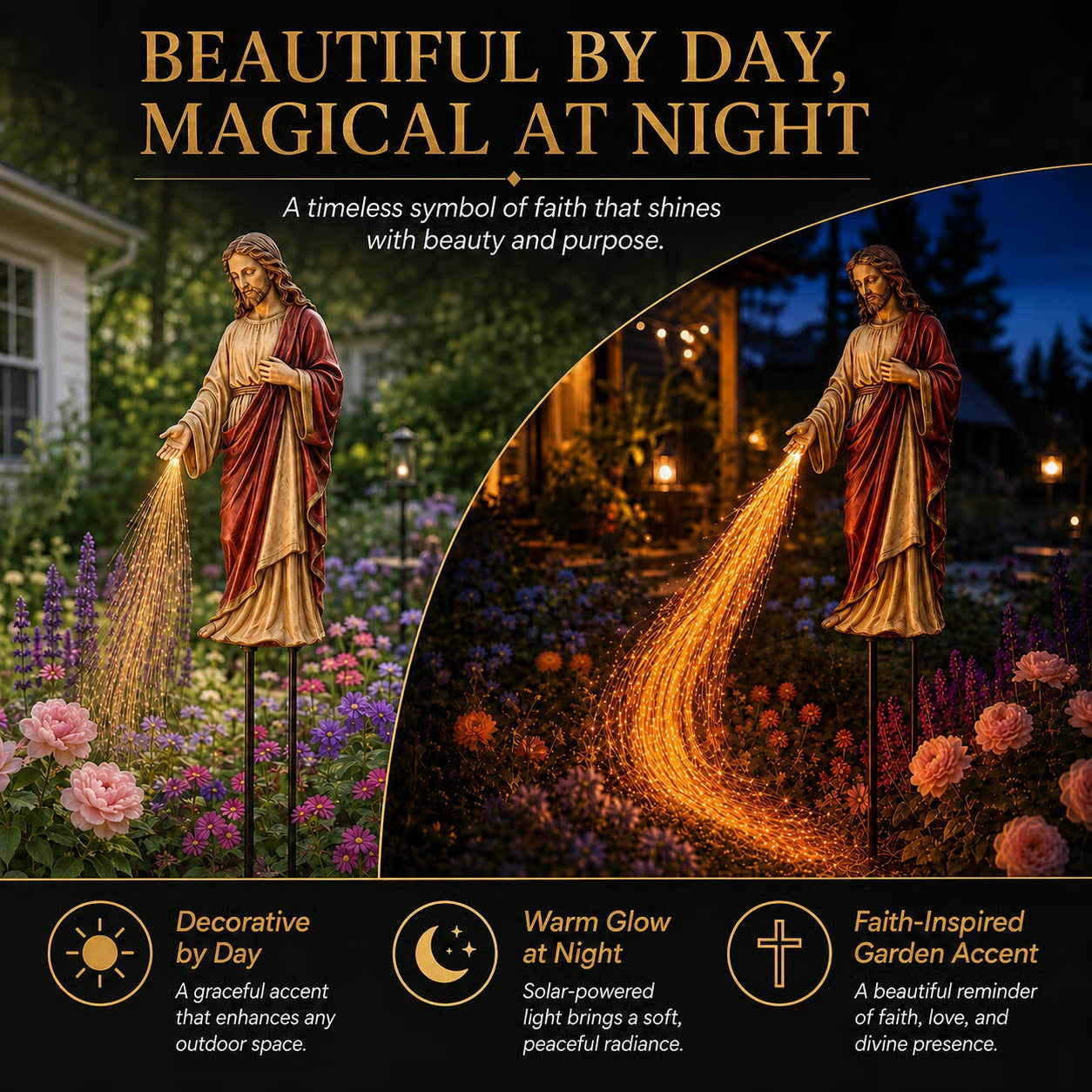 Solar Powered Jesus Light Statue – Flowing Fiber Optic Waterfall Garden Stake