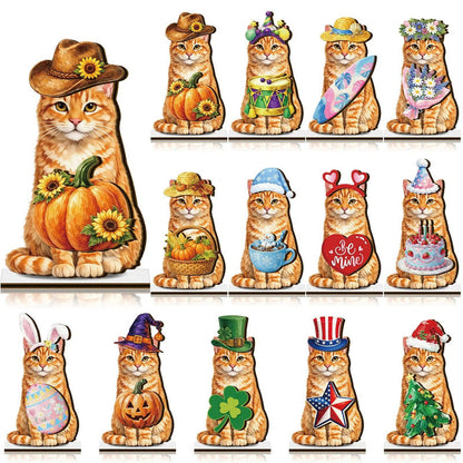 🐾 Interchangeable Wooden Cat Seasonal Desk Sign (27-Pcs Set)