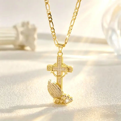 Cross & Prayer Hands Pendant Necklace