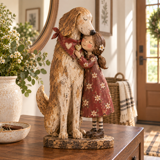 🐾 "Home Is Who Holds You" Girl & Rescued Dog Keepsake – Sentimental Folk Art Figurine ❤️