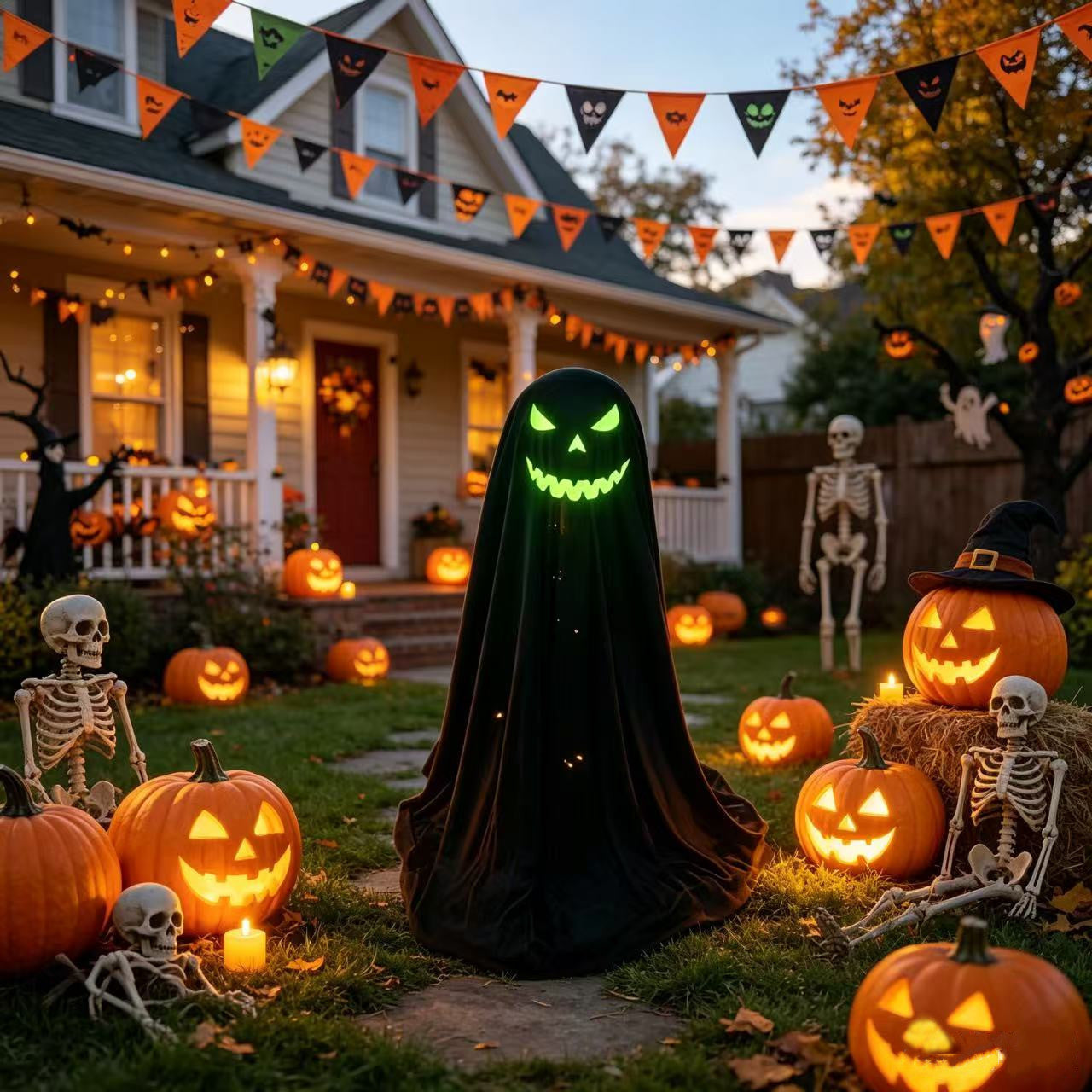 25.59" Glow-in-the-Dark Hooded Pumpkin Ghost Figurine - Freestanding Halloween Porch & Mantel Decor