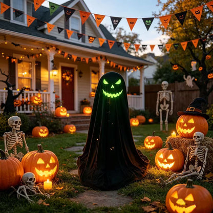 25.59" Glow-in-the-Dark Hooded Pumpkin Ghost Figurine - Freestanding Halloween Porch & Mantel Decor