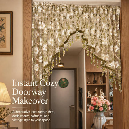 💖 Add a Touch of French Romance — Vintage Floral Lace Door Curtain & Beaded Sheer Panel ✨🌷