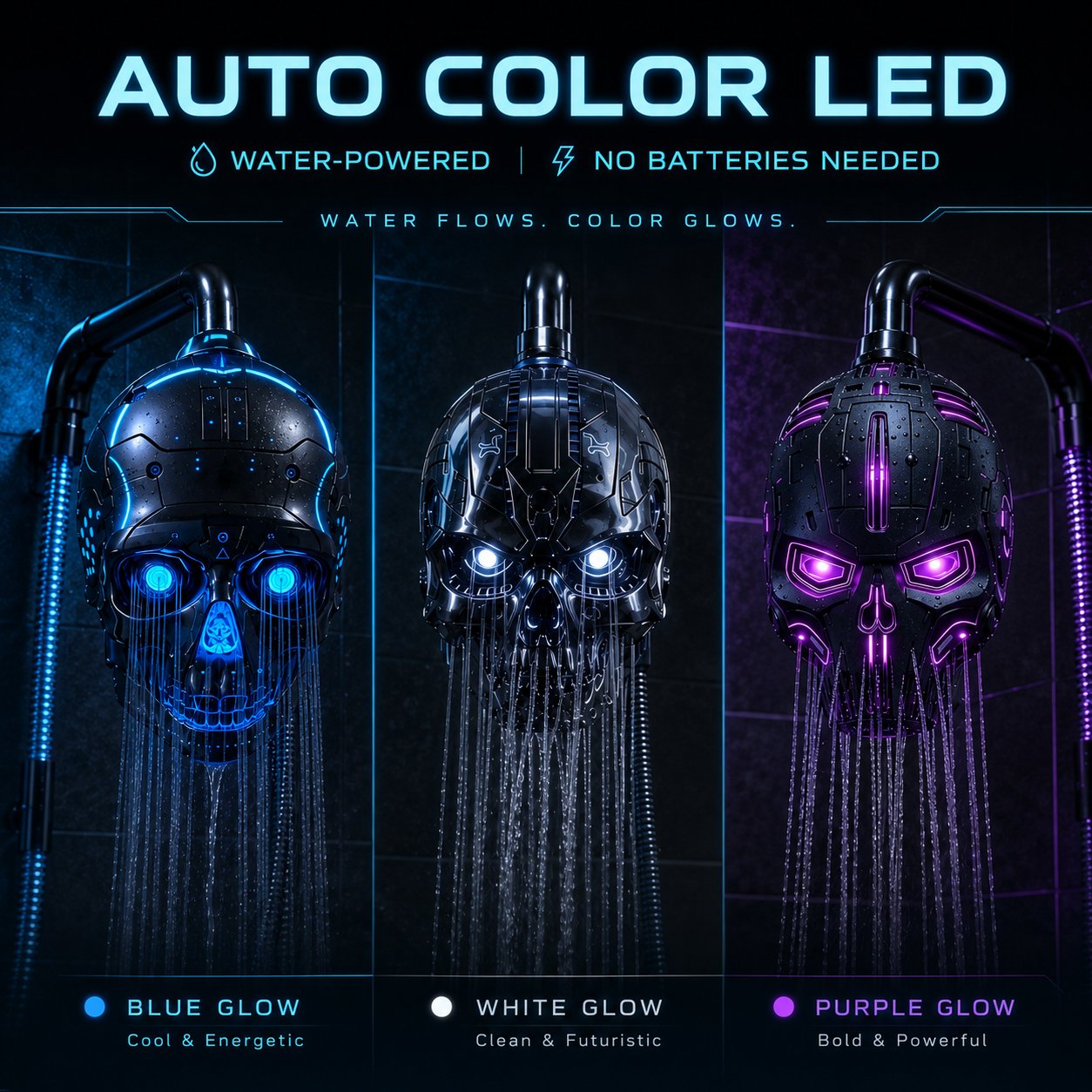 Cyber Mecha Skull Color Changing LED Pressure Boost Shower Head