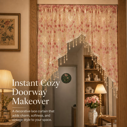 💖 Add a Touch of French Romance — Vintage Floral Lace Door Curtain & Beaded Sheer Panel ✨🌷