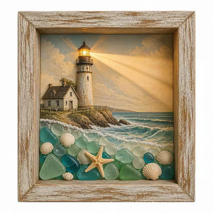 ⭐ Coastal Lighthouse Sea Glass Shadow Box Light | Nautical Wooden Frame LED Night Lamp