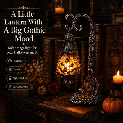 💥🏆 Gothic Pumpkin Lantern Stand | Warm Orange LED Glow, Victorian Skull Details & Haunted Shelf Decor 🕯️