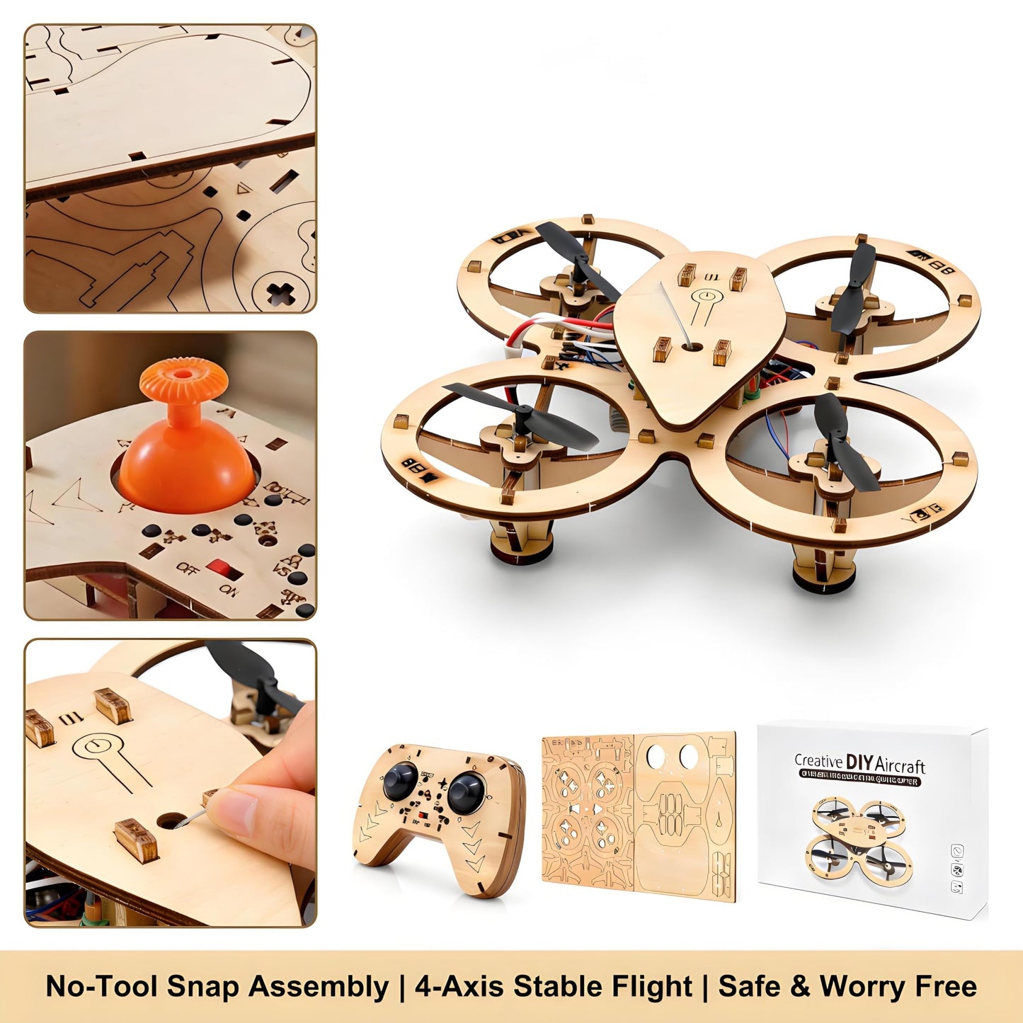 💥🏆Top Gift 2026 🎁 DIY Wooden Drone Assembly Kit, 2.4GHz RC Quadcopter with 360° Flip, Emergency Stop & Beginner Friendly Controls, STEM Building Toy for Teens & Adults