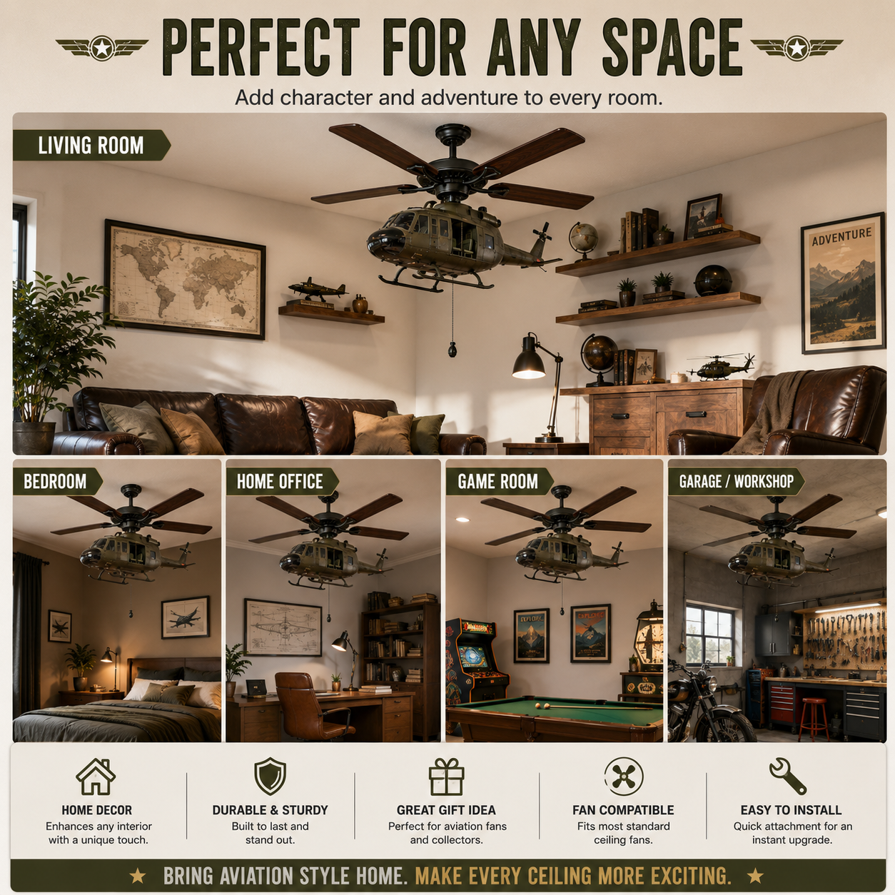 🚁 Military Helicopter Ceiling Fan Decor – Realistic Hanging Ornament for Man Cave & Home