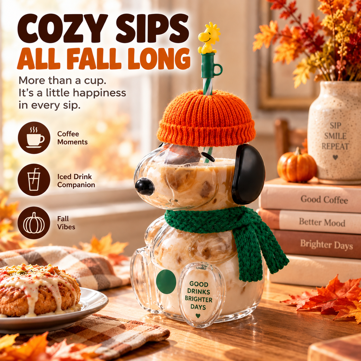 🥤 FALL FAVORITE   | Cute Character Cold Cup – 🎁3D Glass Tumbler with Straw for Iced Coffee, Matcha & Cold Drinks