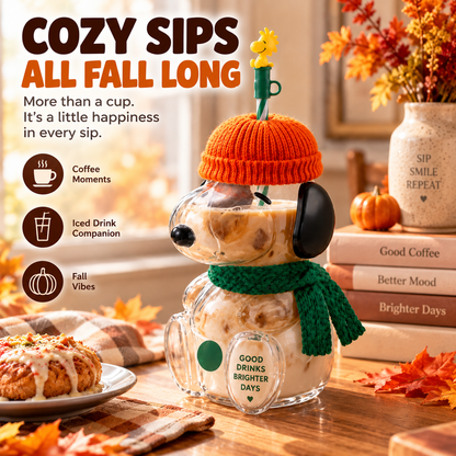 🥤 FALL FAVORITE   | Cute Character Cold Cup – 🎁3D Glass Tumbler with Straw for Iced Coffee, Matcha & Cold Drinks