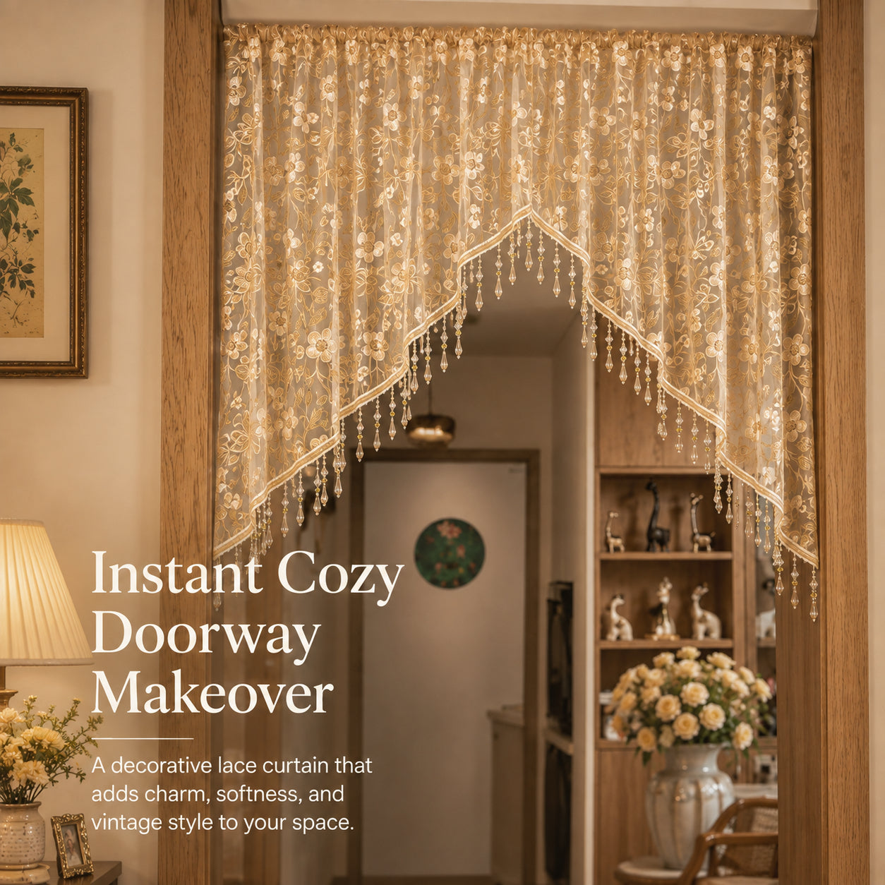 💖 Add a Touch of French Romance — Vintage Floral Lace Door Curtain & Beaded Sheer Panel ✨🌷