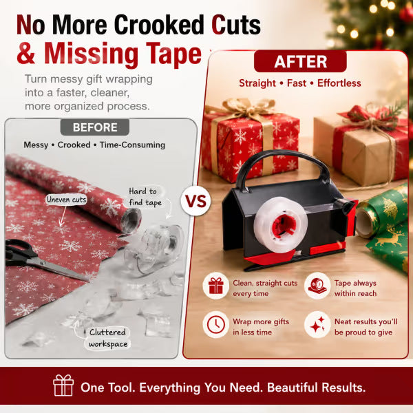 🎁 Dual-Function Wrapping Paper Cutter & Tape Dispenser Set – Easy-Slide Gift Wrap Tool with Extra Blades ✂️✨