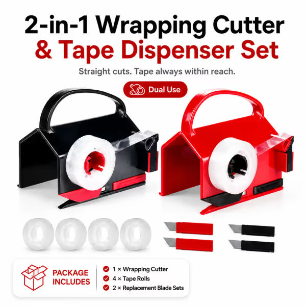 🎁 Dual-Function Wrapping Paper Cutter & Tape Dispenser Set – Easy-Slide Gift Wrap Tool with Extra Blades ✂️✨
