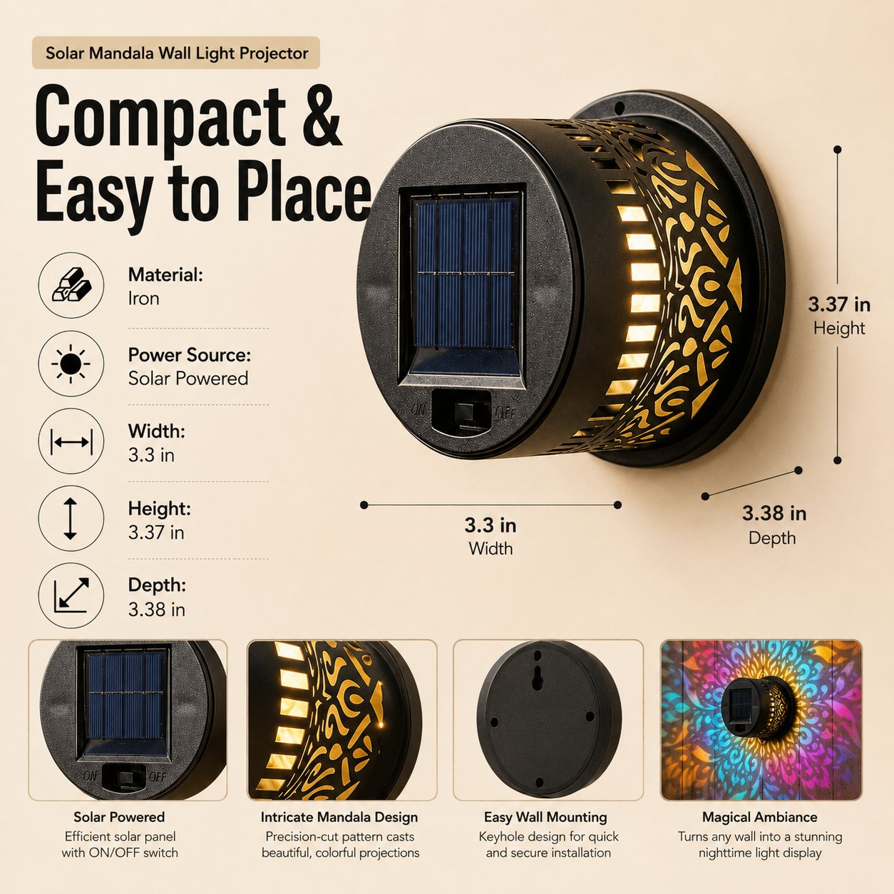 🎇Solar Mandala Wall Light Outdoor Garden Fence Projector Lamp Patio Ambient Decor