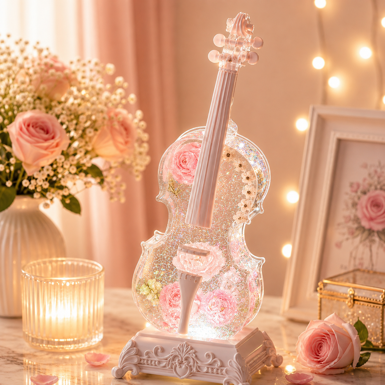Violin Bluetooth Music Box with Swirling Glitter & Warm LED Night Light | Crystal Snow Globe Tabletop Ornament