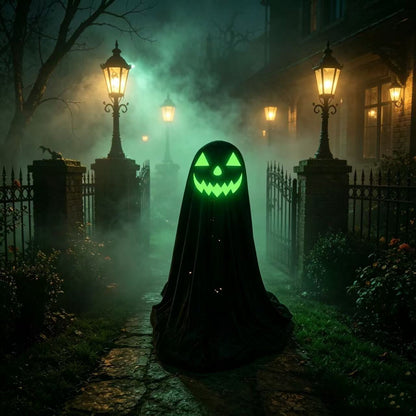 25.59" Glow-in-the-Dark Hooded Pumpkin Ghost Figurine - Freestanding Halloween Porch & Mantel Decor