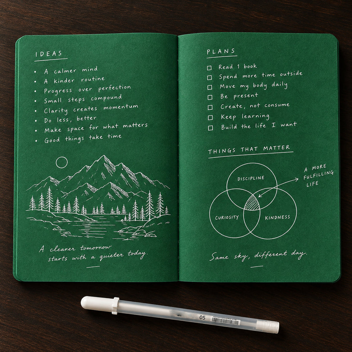 💚 Deep Green Blank Notebook with White Gel Pen | Aesthetic Writing & Sketch Journal