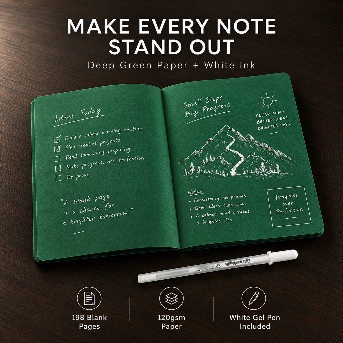 💚 Deep Green Blank Notebook with White Gel Pen | Aesthetic Writing & Sketch Journal