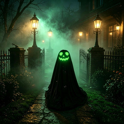 25.59" Glow-in-the-Dark Hooded Pumpkin Ghost Figurine - Freestanding Halloween Porch & Mantel Decor