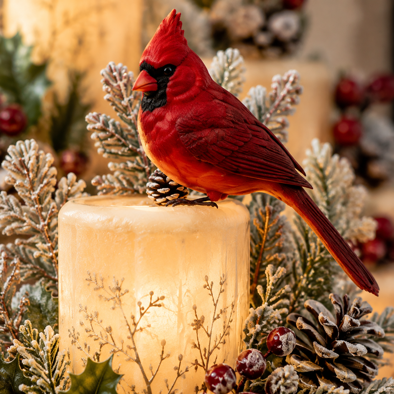 Flameless cardinal memorial candle centerpiece in a home