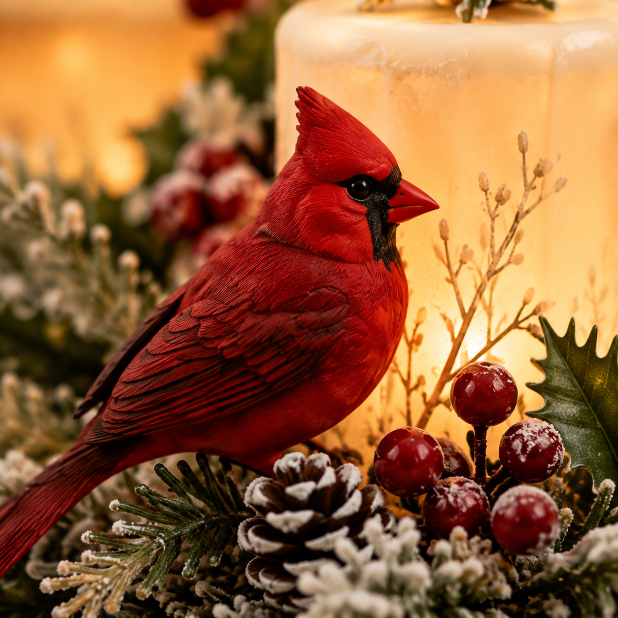 Cardinal memorial LED candle glowing warmly