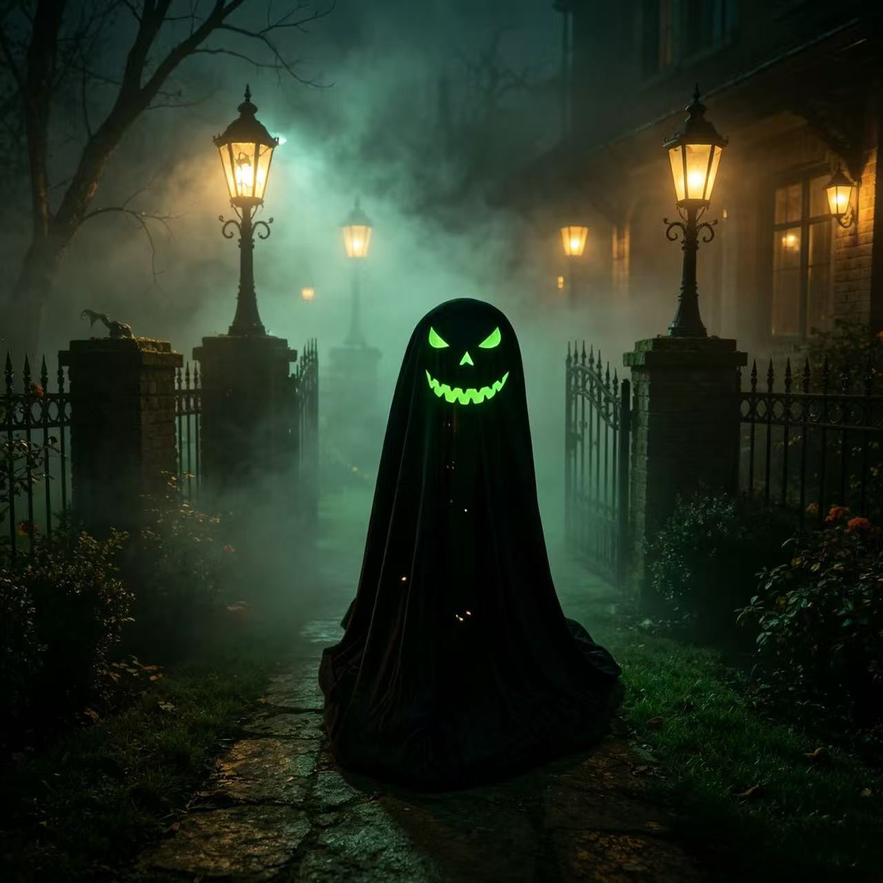 25.59" Glow-in-the-Dark Hooded Pumpkin Ghost Figurine - Freestanding Halloween Porch & Mantel Decor
