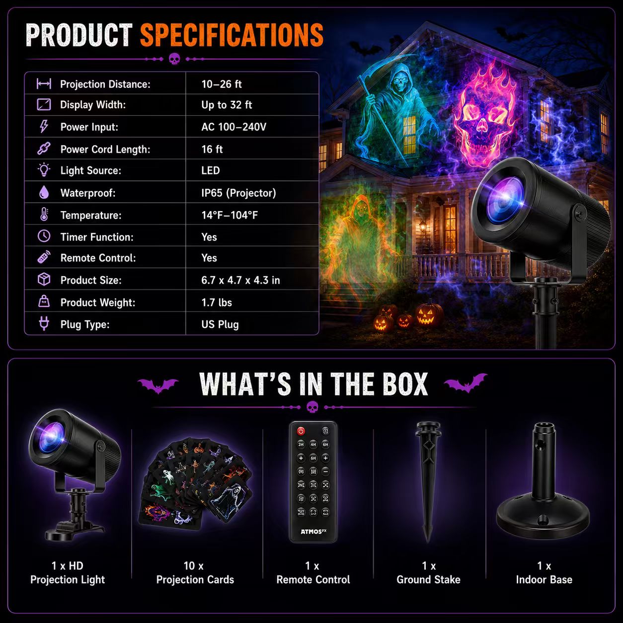 🎃👻 Last Day 50% OFF-32FT HD Halloween Projector | That Disappoint Your Halloween Party | 10 Unique HD Projection Patterns